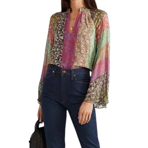 Alice + Olivia Prija Wide Sleeve Blouse bohemian size XS Green Red Blue - Picture 2 of 11